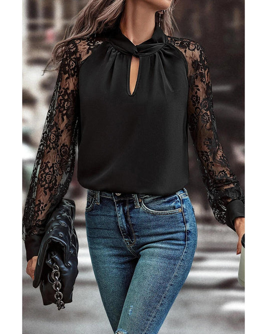 Black Floral Lace Raglan Sleeve Blouse