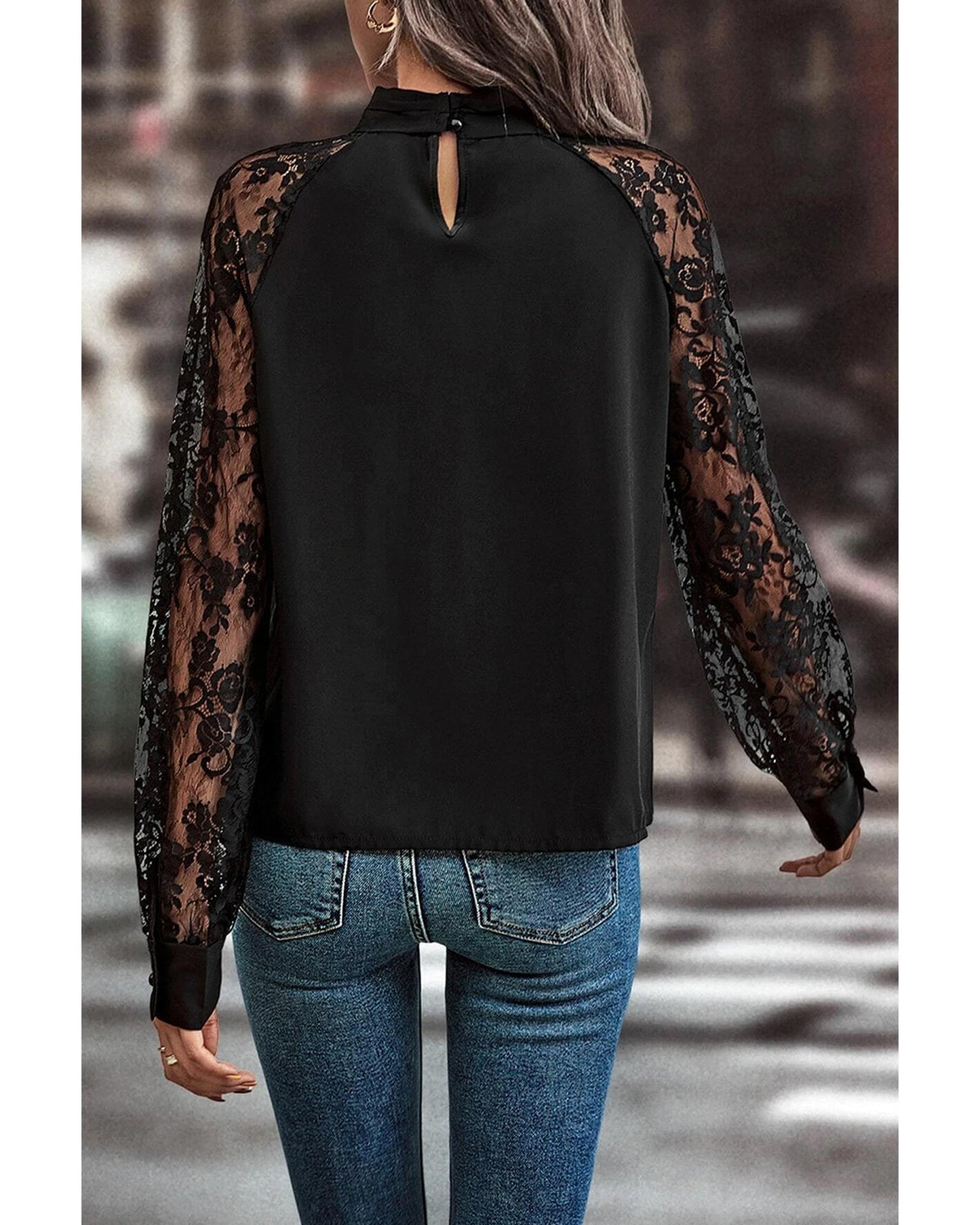 Black Floral Lace Raglan Sleeve Blouse