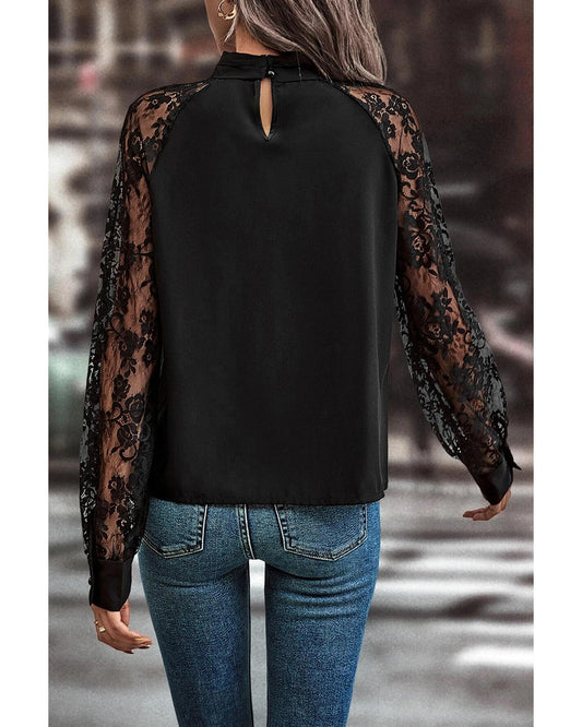 Black Floral Lace Raglan Sleeve Blouse