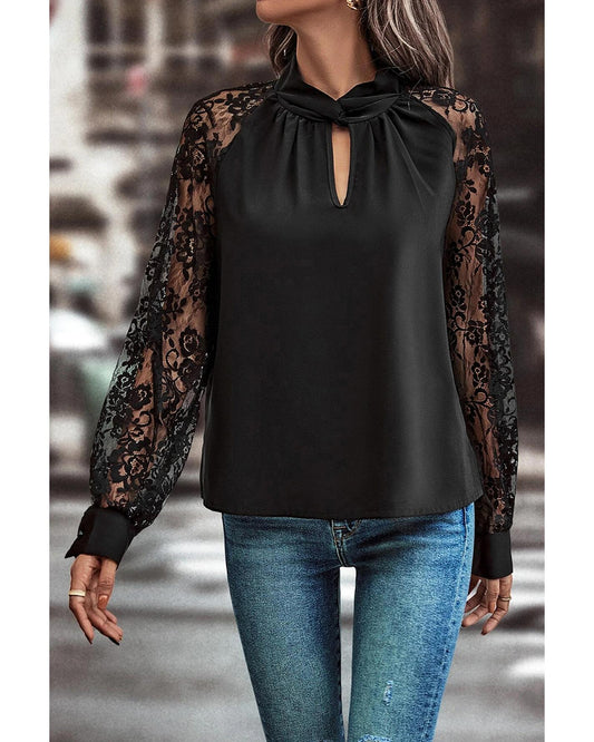 Black Floral Lace Raglan Sleeve Blouse