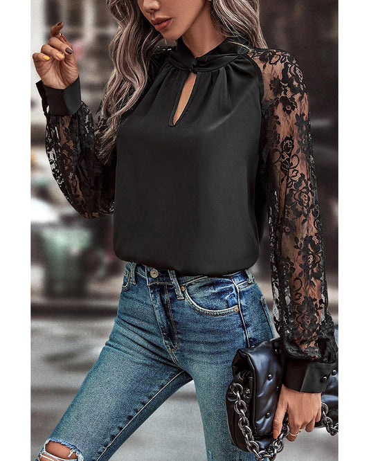 Black Floral Lace Raglan Sleeve Blouse