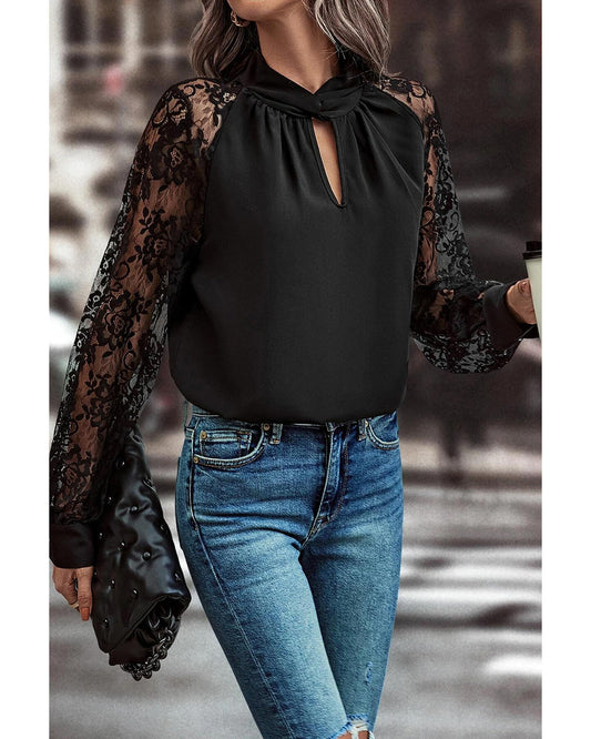 Black Floral Lace Raglan Sleeve Blouse