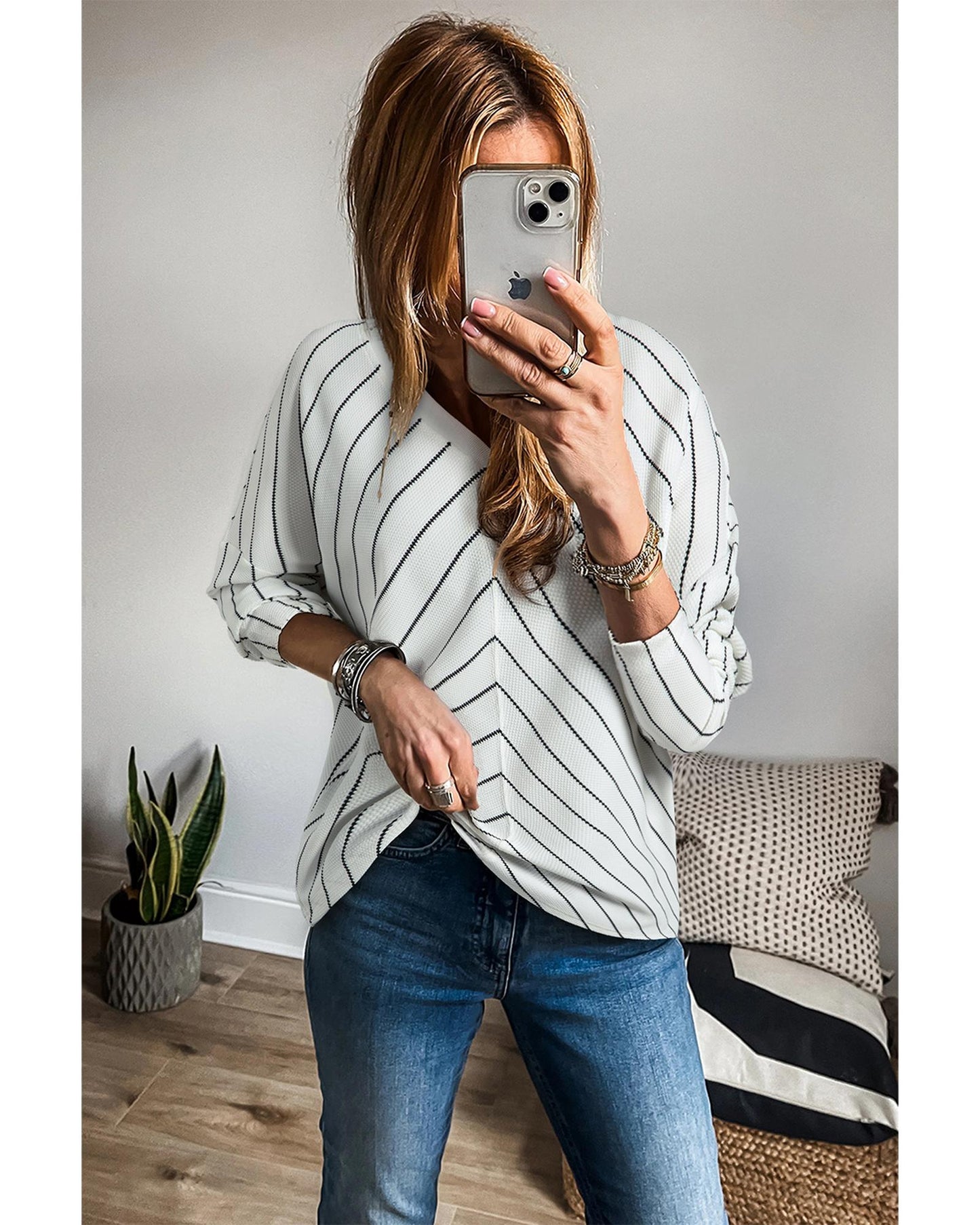 Black Stripe V-Neck Long Sleeve Top