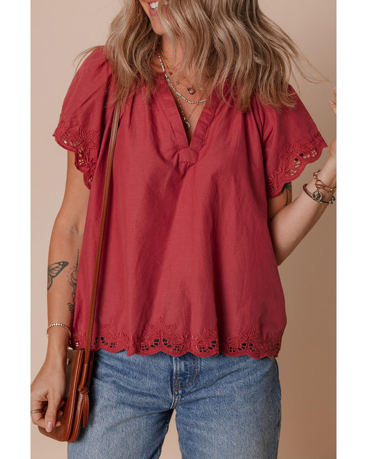 Red Dahlia Short Sleeve V Neck Blouse