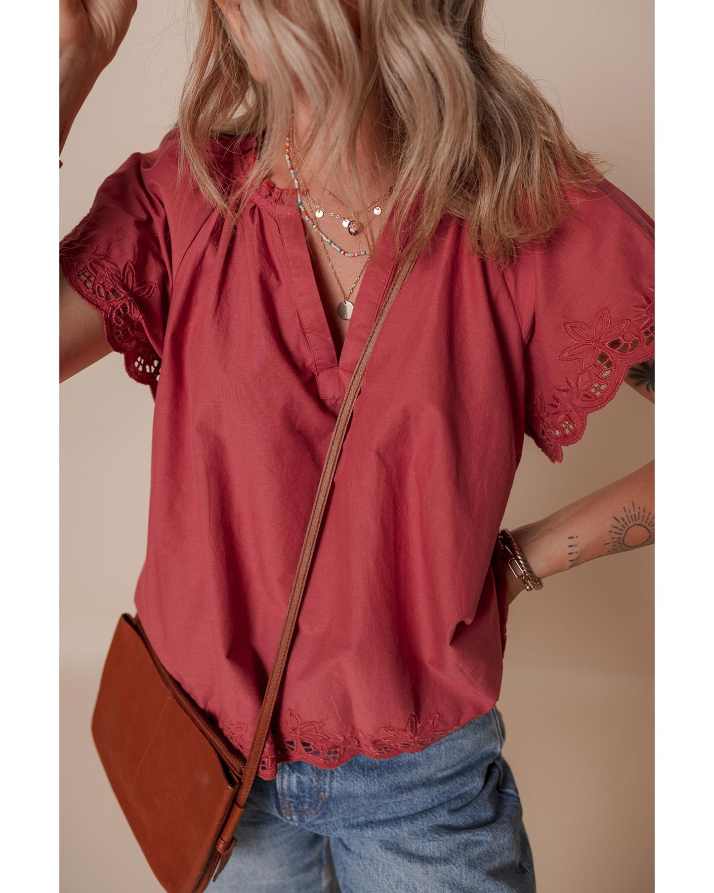 Red Dahlia Short Sleeve V Neck Blouse