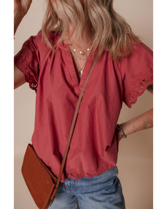Red Dahlia Short Sleeve V Neck Blouse