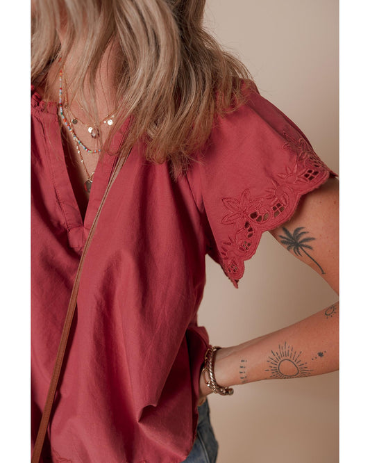 Red Dahlia Short Sleeve V Neck Blouse