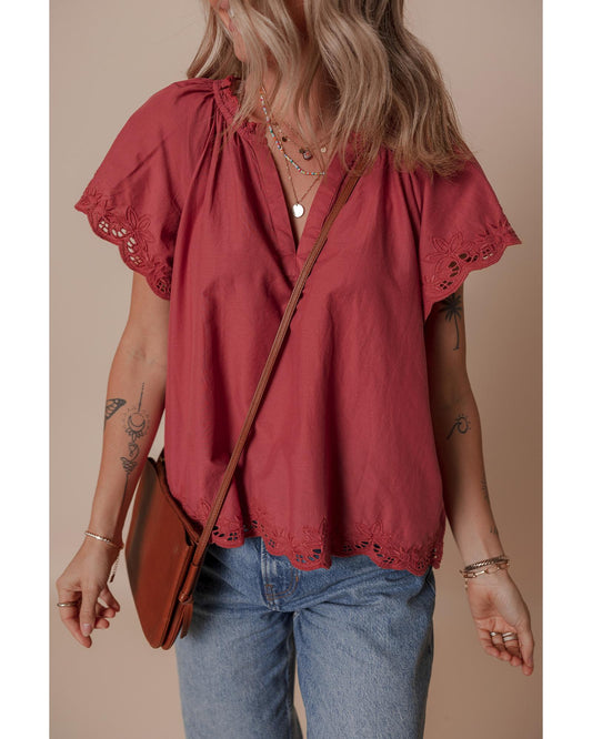 Red Dahlia Short Sleeve V Neck Blouse