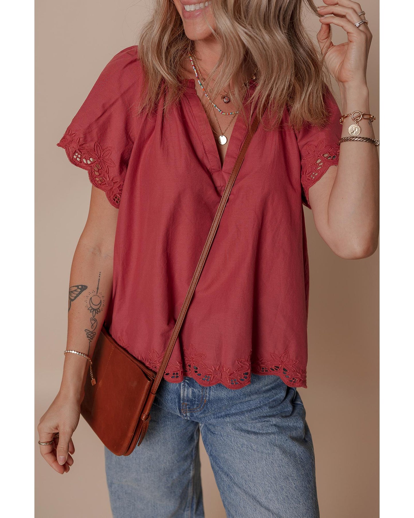 Red Dahlia Short Sleeve V Neck Blouse