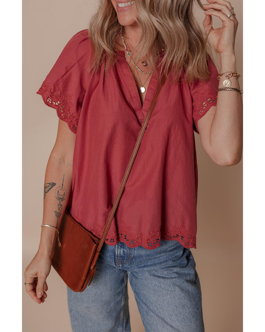 Red Dahlia Short Sleeve V Neck Blouse