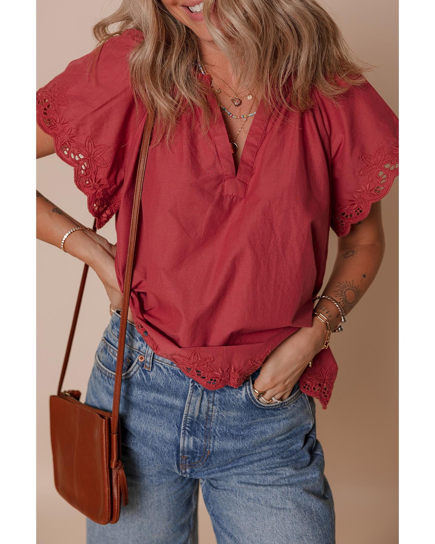 Red Dahlia Short Sleeve V Neck Blouse