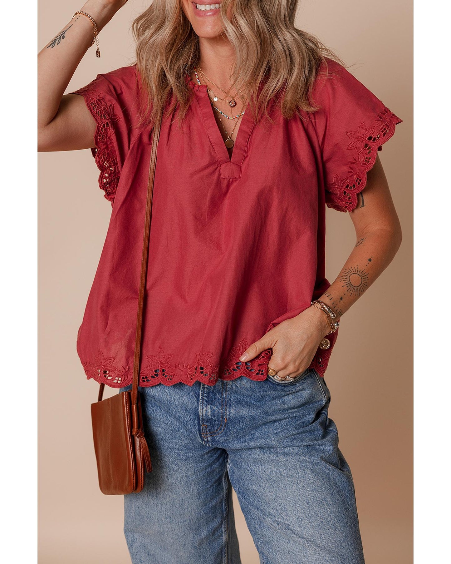 Red Dahlia Short Sleeve V Neck Blouse