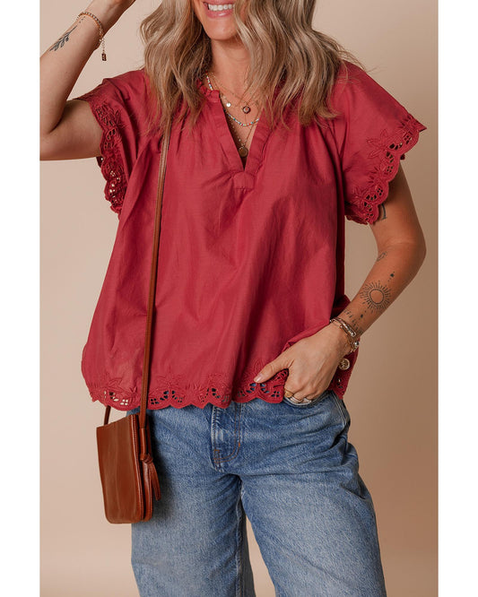 Red Dahlia Short Sleeve V Neck Blouse