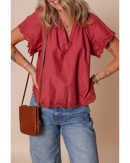 Red Dahlia Short Sleeve V Neck Blouse