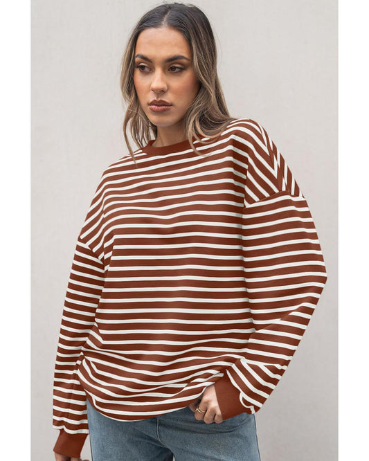 Coffee Striped Long Sleeve Round Neck Loose Top