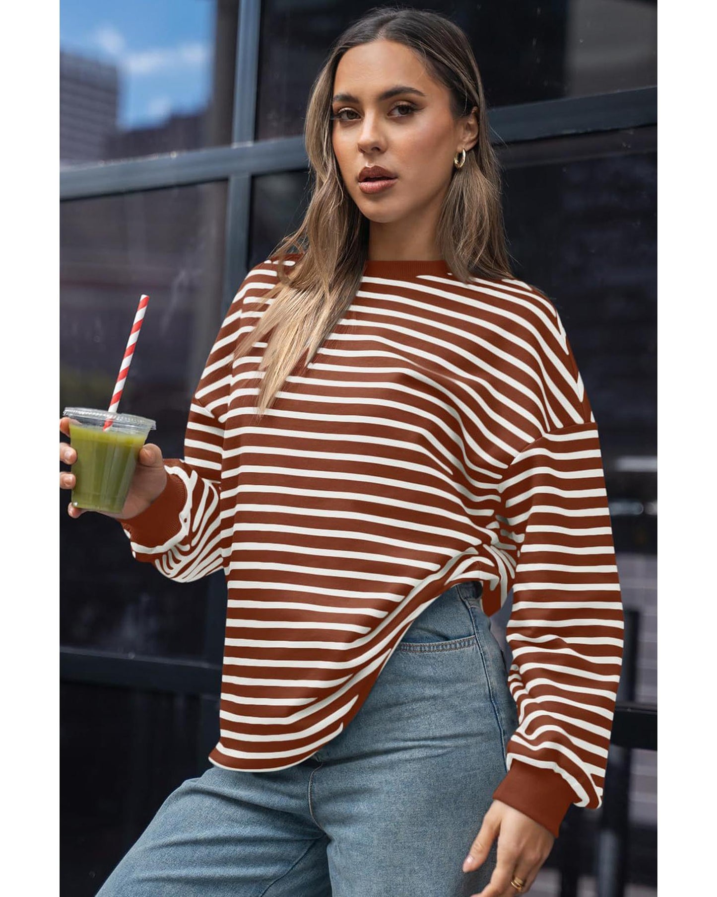 Coffee Striped Long Sleeve Round Neck Loose Top