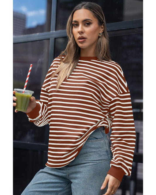 Coffee Striped Long Sleeve Round Neck Loose Top