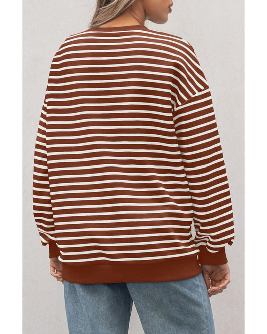 Coffee Striped Long Sleeve Round Neck Loose Top