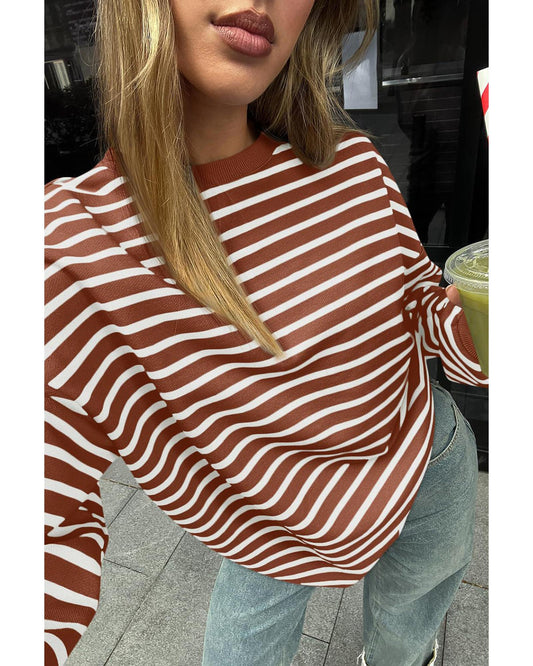 Coffee Striped Long Sleeve Round Neck Loose Top