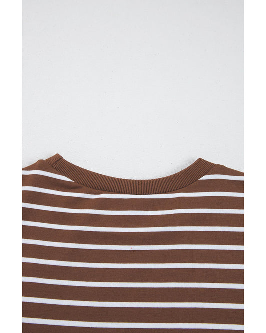 Coffee Striped Long Sleeve Round Neck Loose Top