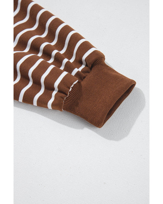 Coffee Striped Long Sleeve Round Neck Loose Top