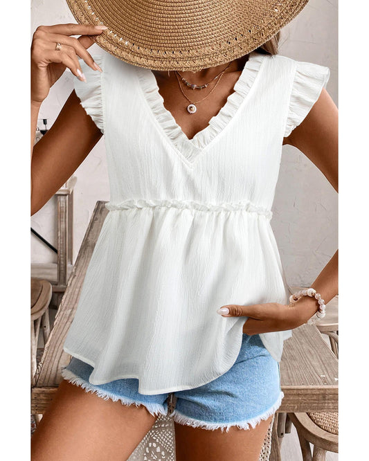 White Textured Ruffled Trim V-Neck Flutter Flowy Top