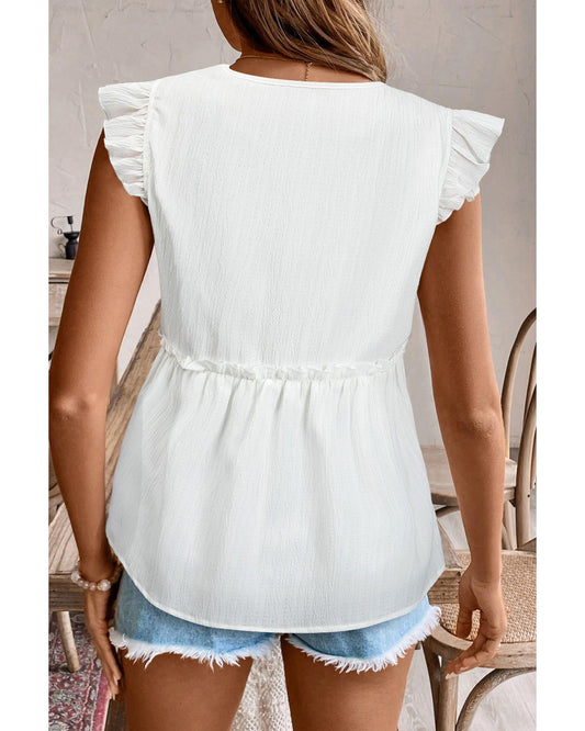 White Textured Ruffled Trim V-Neck Flutter Flowy Top