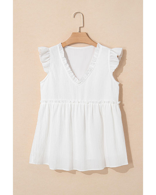 White Textured Ruffled Trim V-Neck Flutter Flowy Top