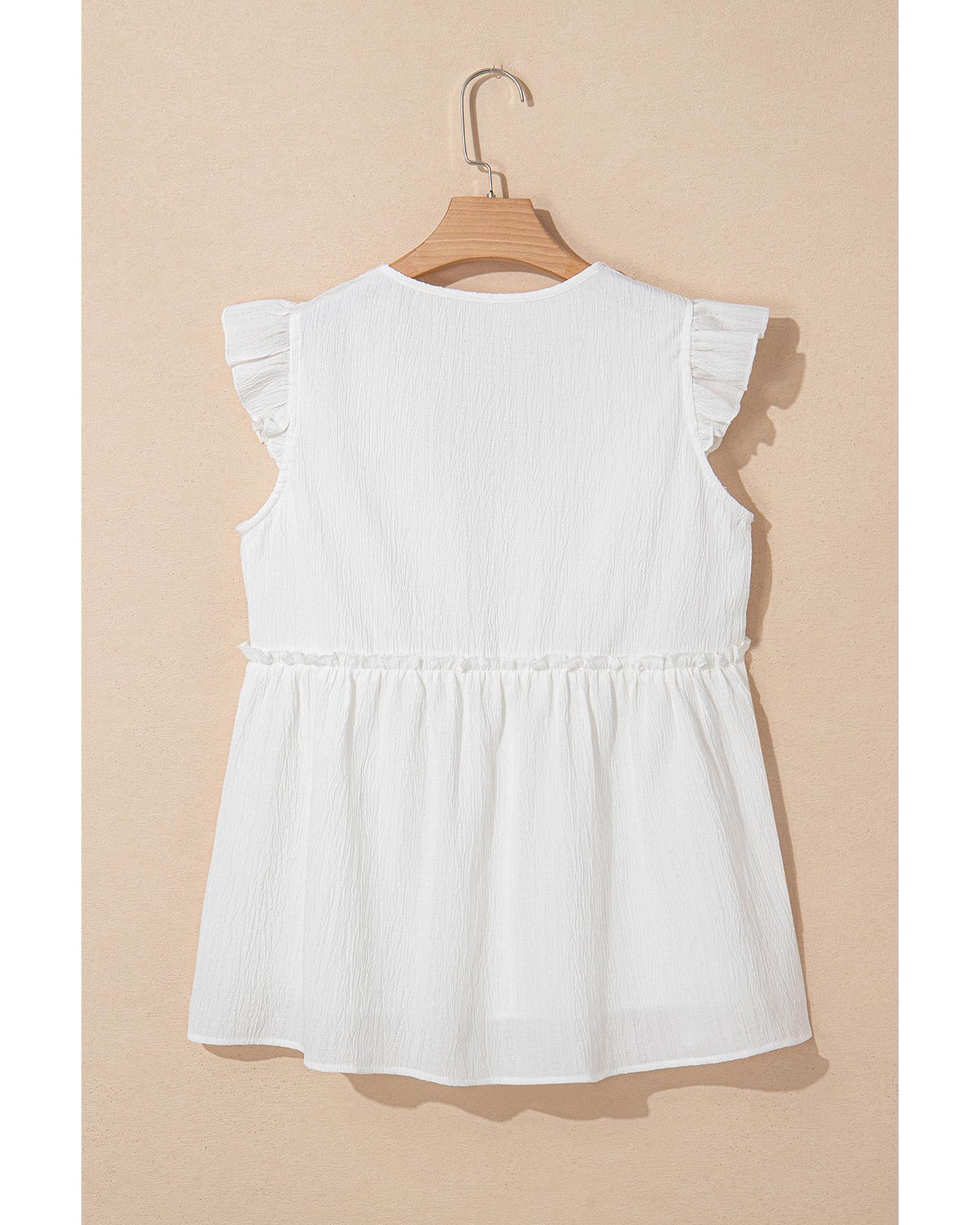 White Textured Ruffled Trim V-Neck Flutter Flowy Top