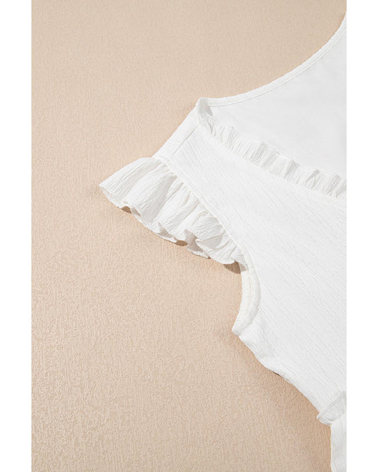 White Textured Ruffled Trim V-Neck Flutter Flowy Top