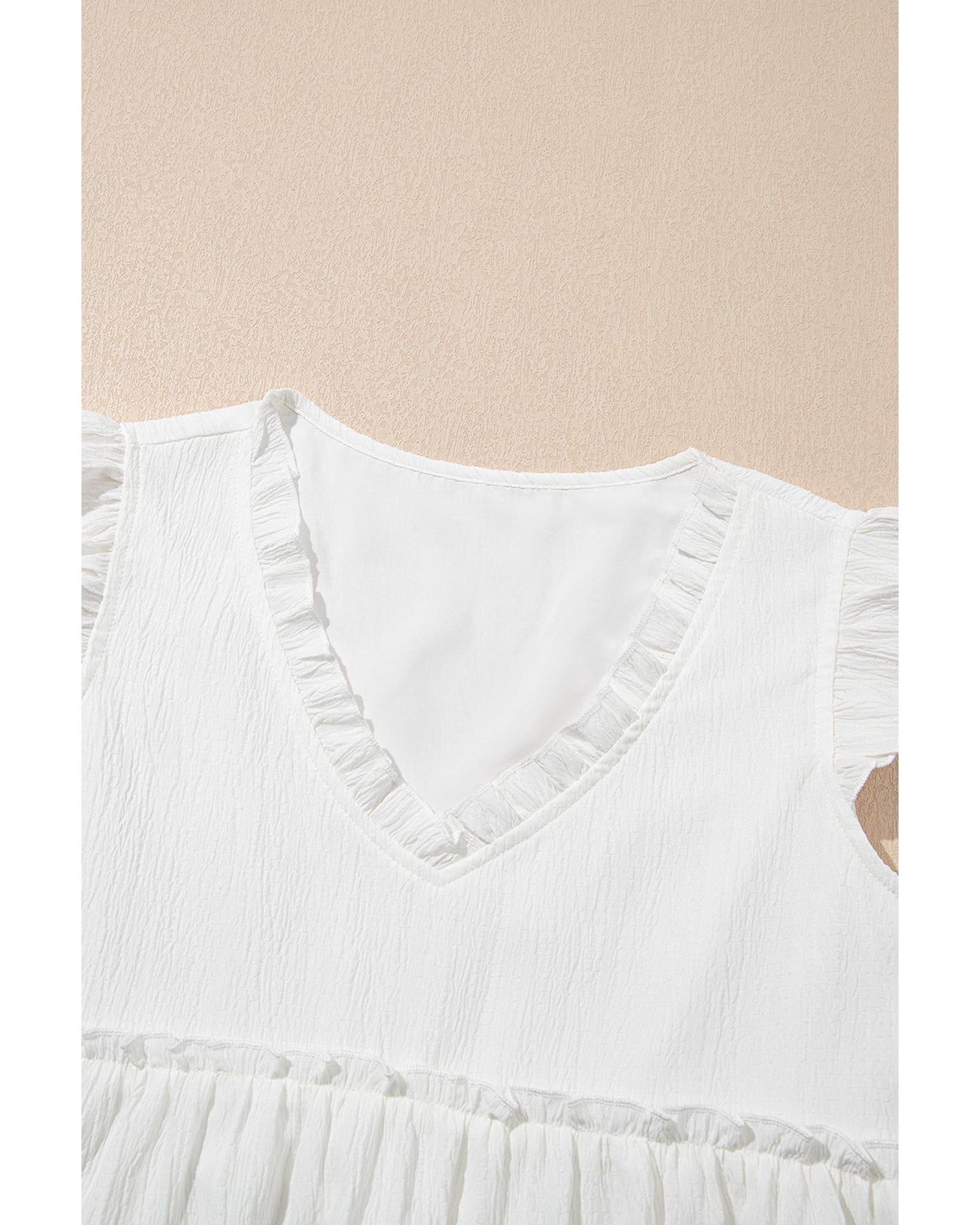 White Textured Ruffled Trim V-Neck Flutter Flowy Top