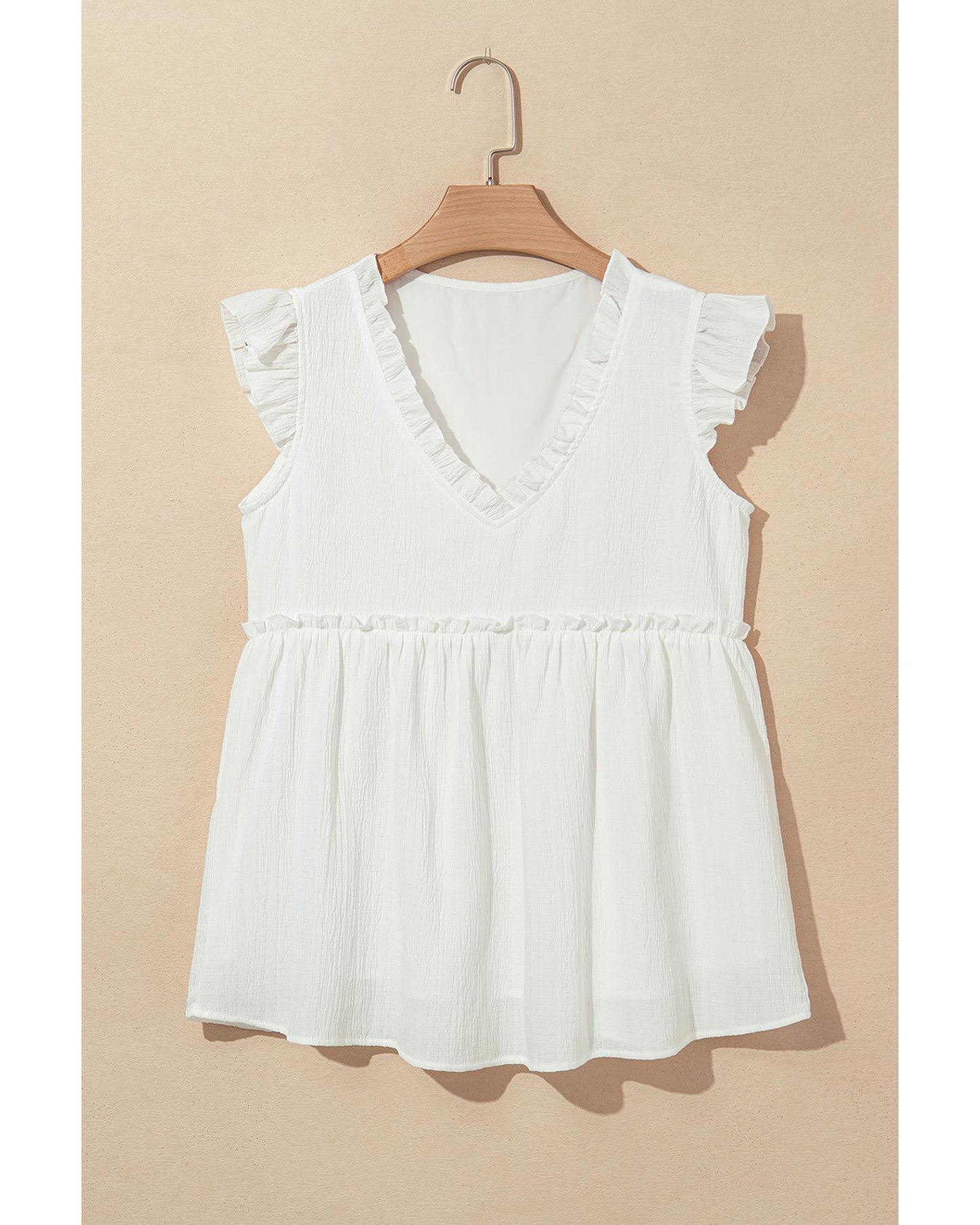White Textured Ruffled Trim V-Neck Flutter Flowy Top