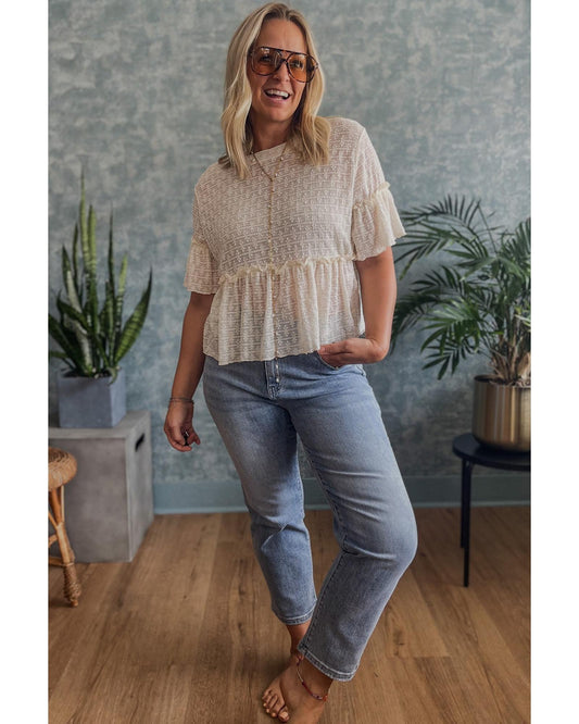 Beige Textured Ruffled Short Sleeve Blouse