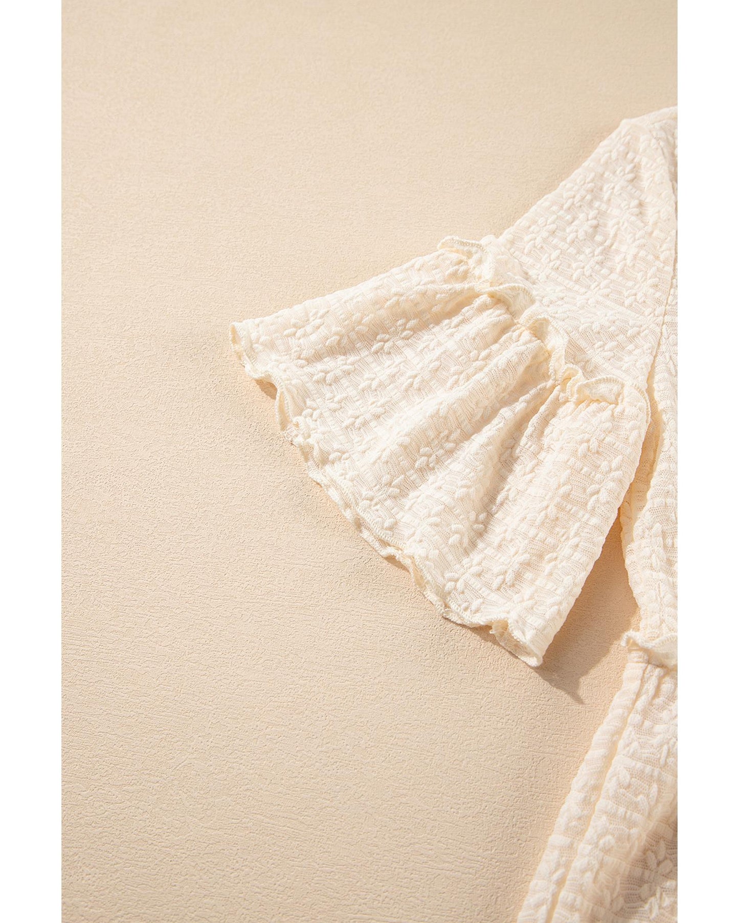 Beige Textured Ruffled Short Sleeve Blouse