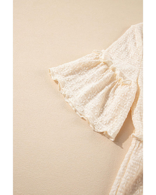 Beige Textured Ruffled Short Sleeve Blouse