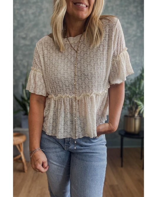 Beige Textured Ruffled Short Sleeve Blouse