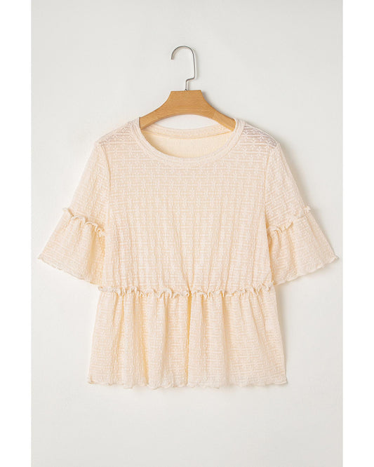 Beige Textured Ruffled Short Sleeve Blouse