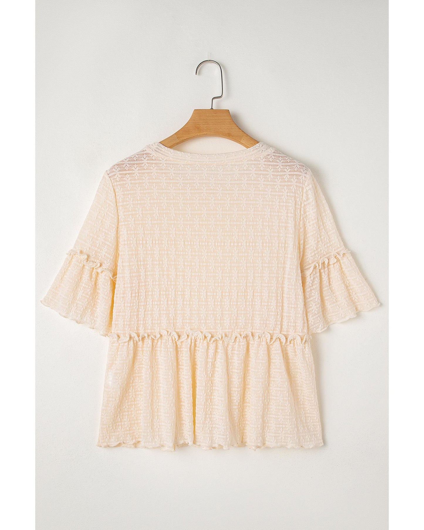 Beige Textured Ruffled Short Sleeve Blouse