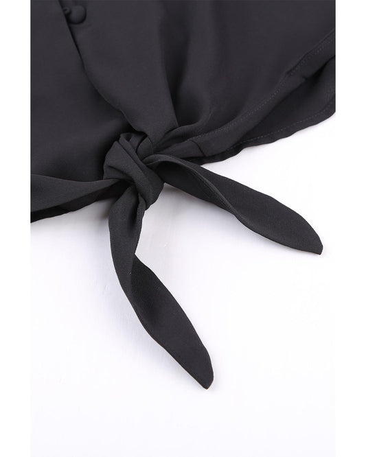 Classic Black with Stylish Button and Tie Details Top