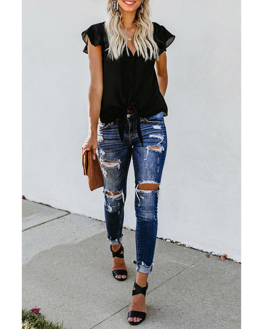 Classic Black with Stylish Button and Tie Details Top