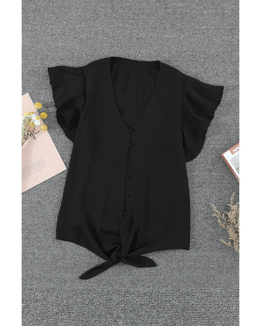 Classic Black with Stylish Button and Tie Details Top