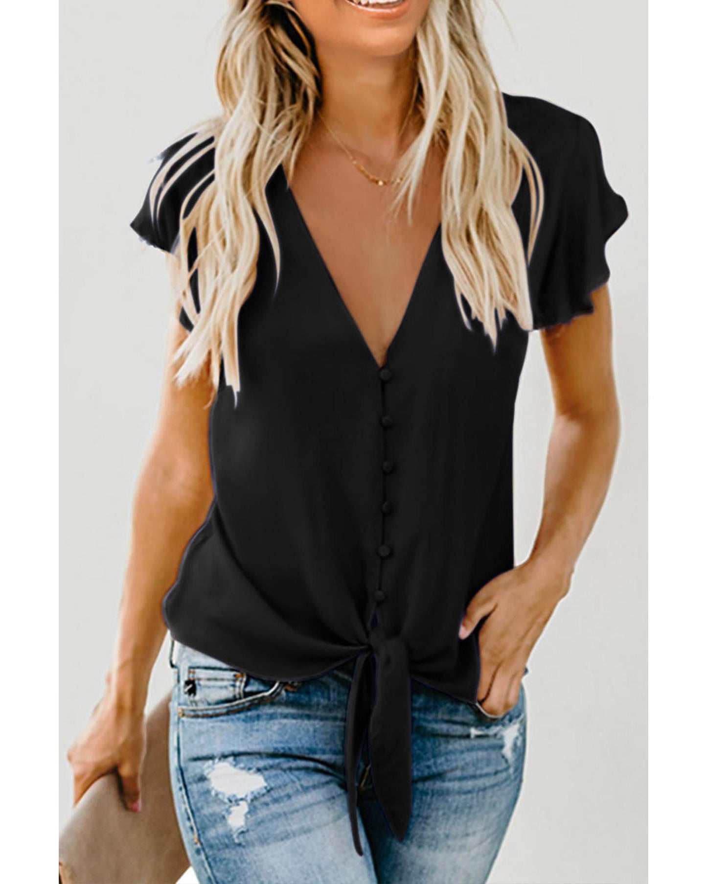 Classic Black with Stylish Button and Tie Details Top