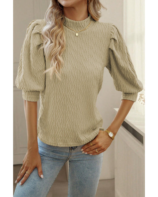 Vintage Textured Puff Sleeve Mock Neck Top