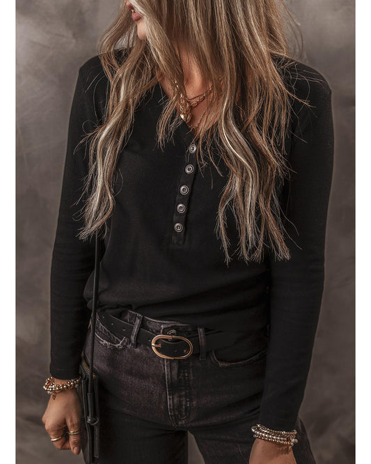 Black Buttoned V-Neck Long Sleeve Ribbed Top