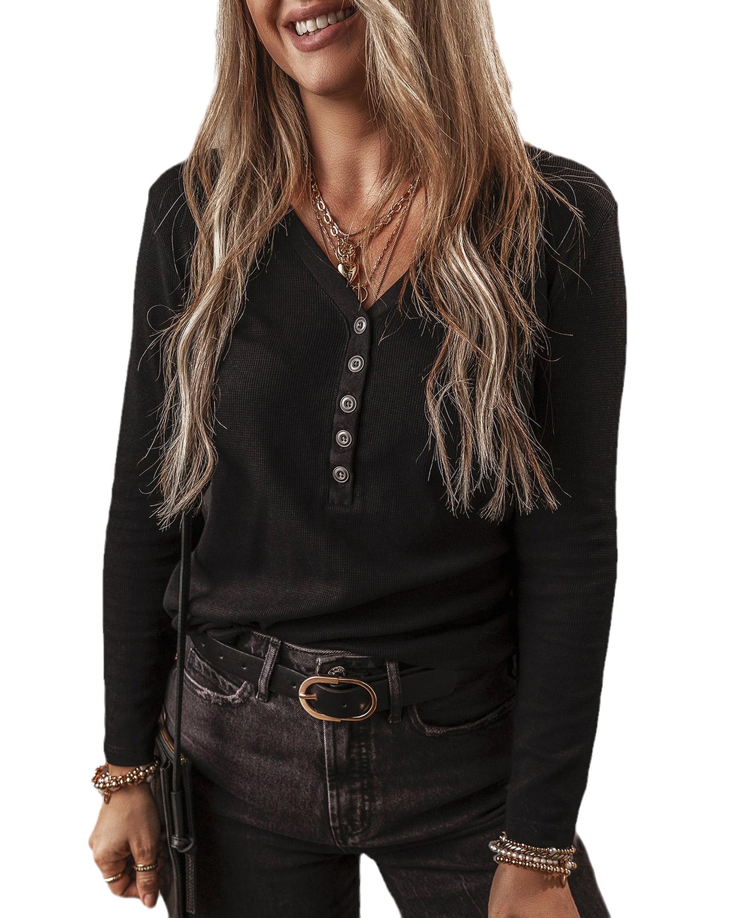 Black Buttoned V-Neck Long Sleeve Ribbed Top