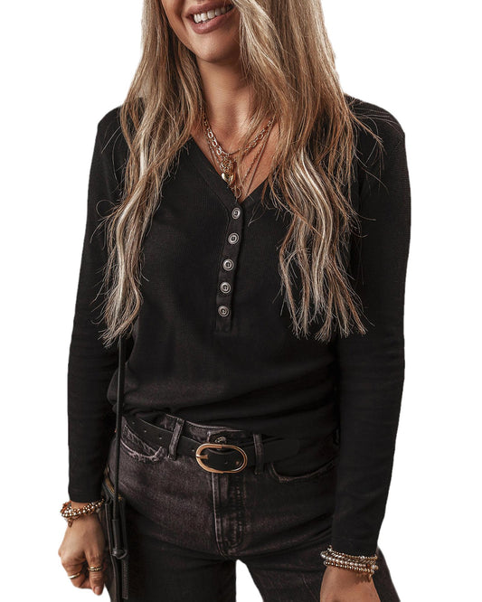 Black Buttoned V-Neck Long Sleeve Ribbed Top
