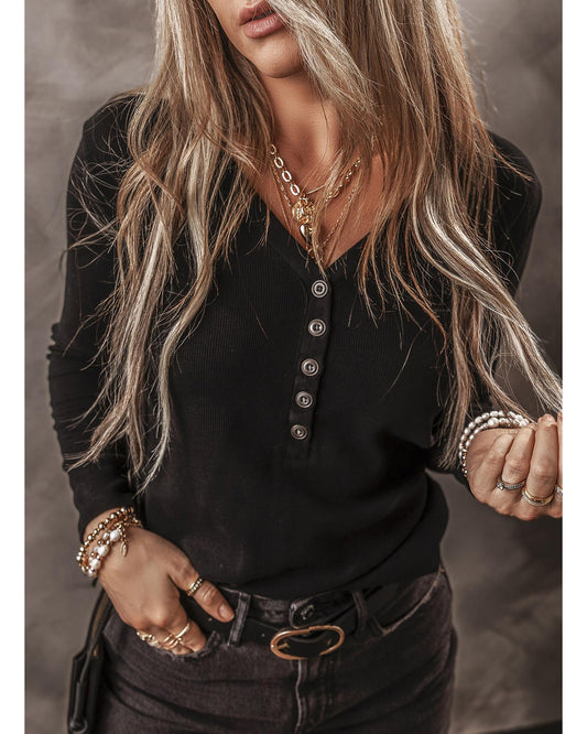 Black Buttoned V-Neck Long Sleeve Ribbed Top