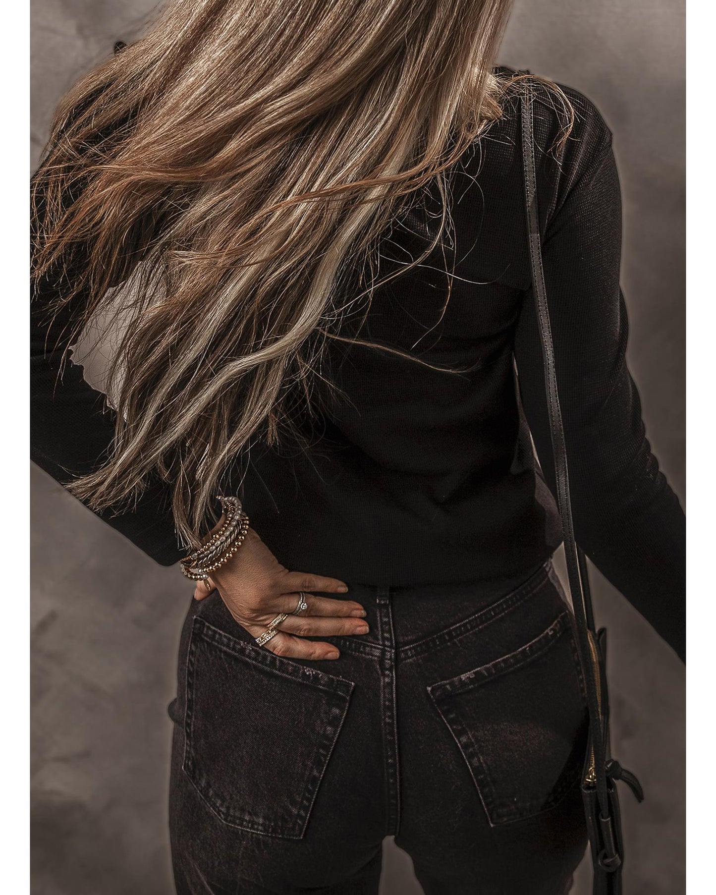 Black Buttoned V-Neck Long Sleeve Ribbed Top