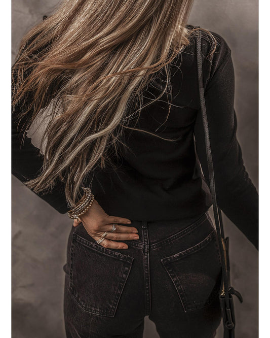 Black Buttoned V-Neck Long Sleeve Ribbed Top