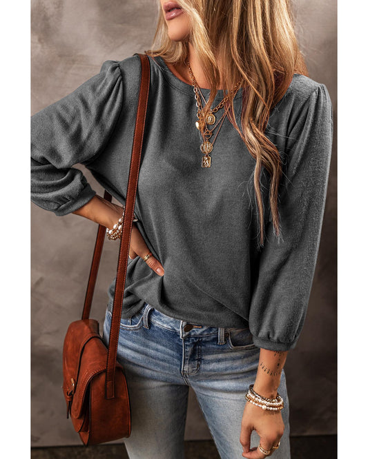 Grey Solid Colour 3/4 Sleeve Round Neck Blouse